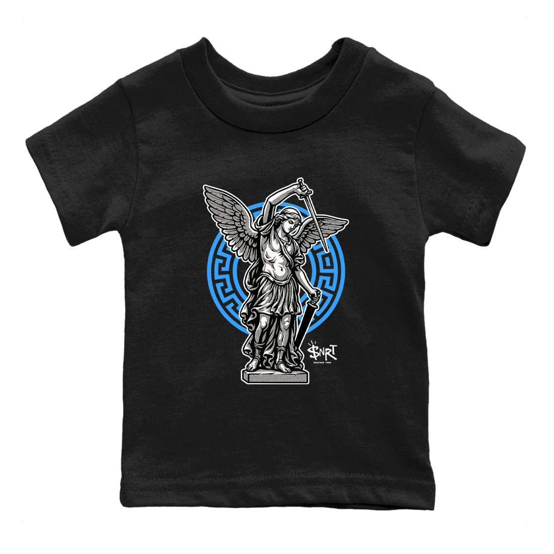 Street Saint baby and kids t-shirt crafted for little sneakerheads to shine with the Air Jordan 12 White and University Blue sneakers, displayed in Black 2.