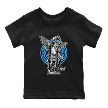 Street Saint baby and kids t-shirt crafted for little sneakerheads to shine with the Air Jordan 12 White and University Blue sneakers, displayed in Black 2.