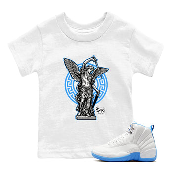 Street Saint baby and kids t-shirt crafted for little sneakerheads to shine with the Air Jordan 12 White and University Blue sneakers, displayed in White 1.