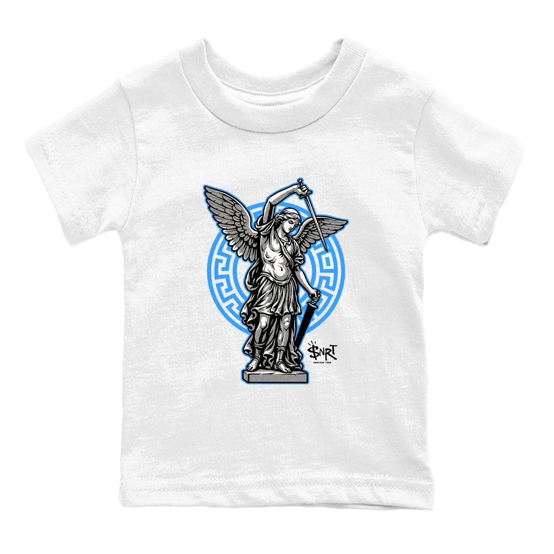 Street Saint baby and kids t-shirt crafted for little sneakerheads to shine with the Air Jordan 12 White and University Blue sneakers, displayed in White 2.