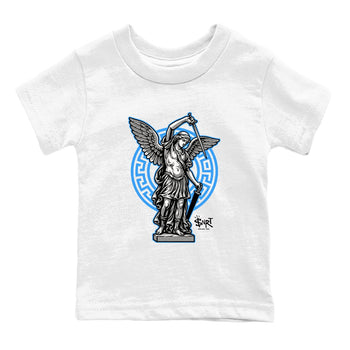 Street Saint baby and kids t-shirt crafted for little sneakerheads to shine with the Air Jordan 12 White and University Blue sneakers, displayed in White 2.