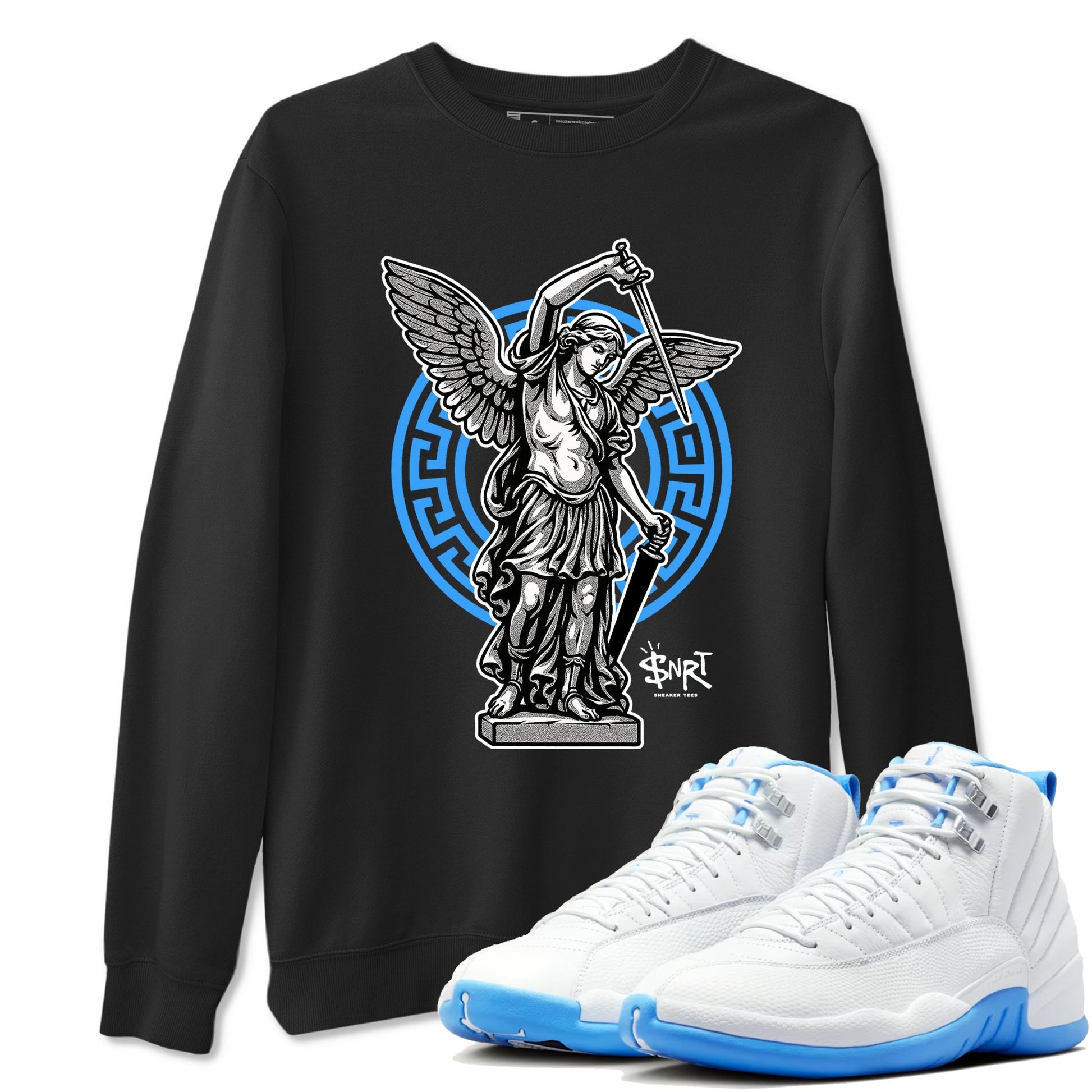 Street Saint sneaker match t-shirt styled to complete your fit with the Air Jordan 12 White and University Blue sneakers, shown in Black 1.
