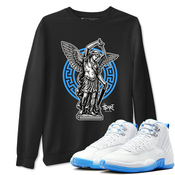 Street Saint sneaker match t-shirt styled to complete your fit with the Air Jordan 12 White and University Blue sneakers, shown in Black 1.