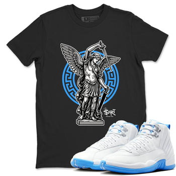 Street Saint sneaker match t-shirt styled to complete your fit with the Air Jordan 12 White and University Blue sneakers, shown in Black 1.