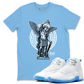 Street Saint sneaker match t-shirt styled to complete your fit with the Air Jordan 12 White and University Blue sneakers, shown in Carolina Blue 1.