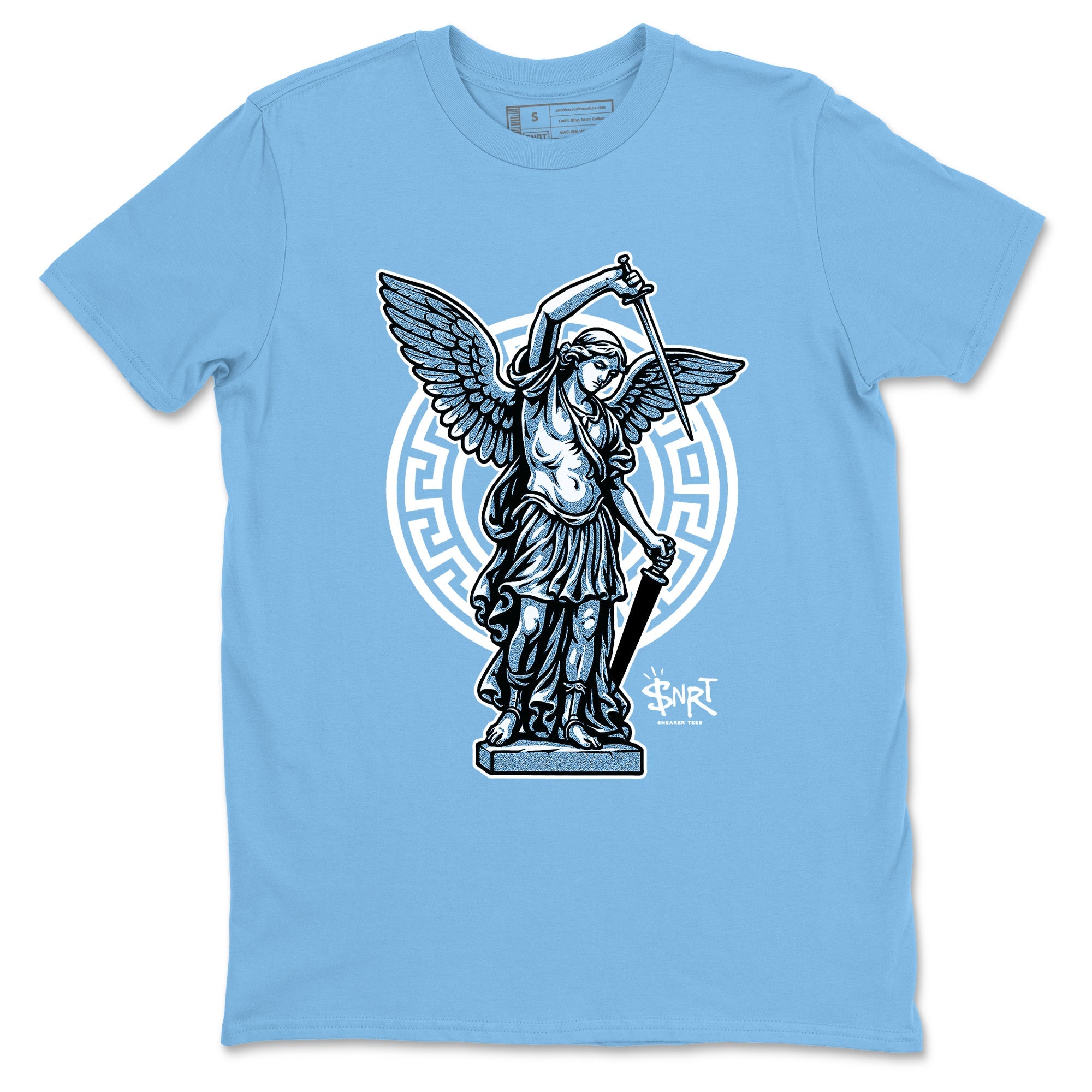 Street Saint sneaker match t-shirt styled to complete your fit with the Air Jordan 12 White and University Blue sneakers, shown in Carolina Blue 2.