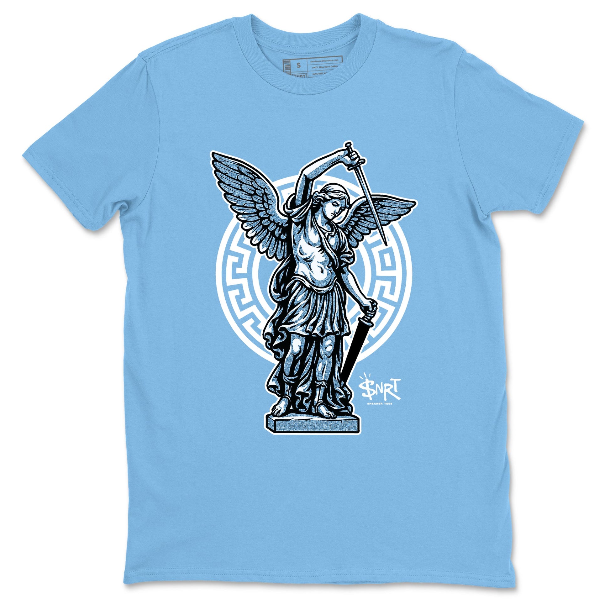 Street Saint sneaker match t-shirt styled to complete your fit with the Air Jordan 12 White and University Blue sneakers, shown in Carolina Blue 2.