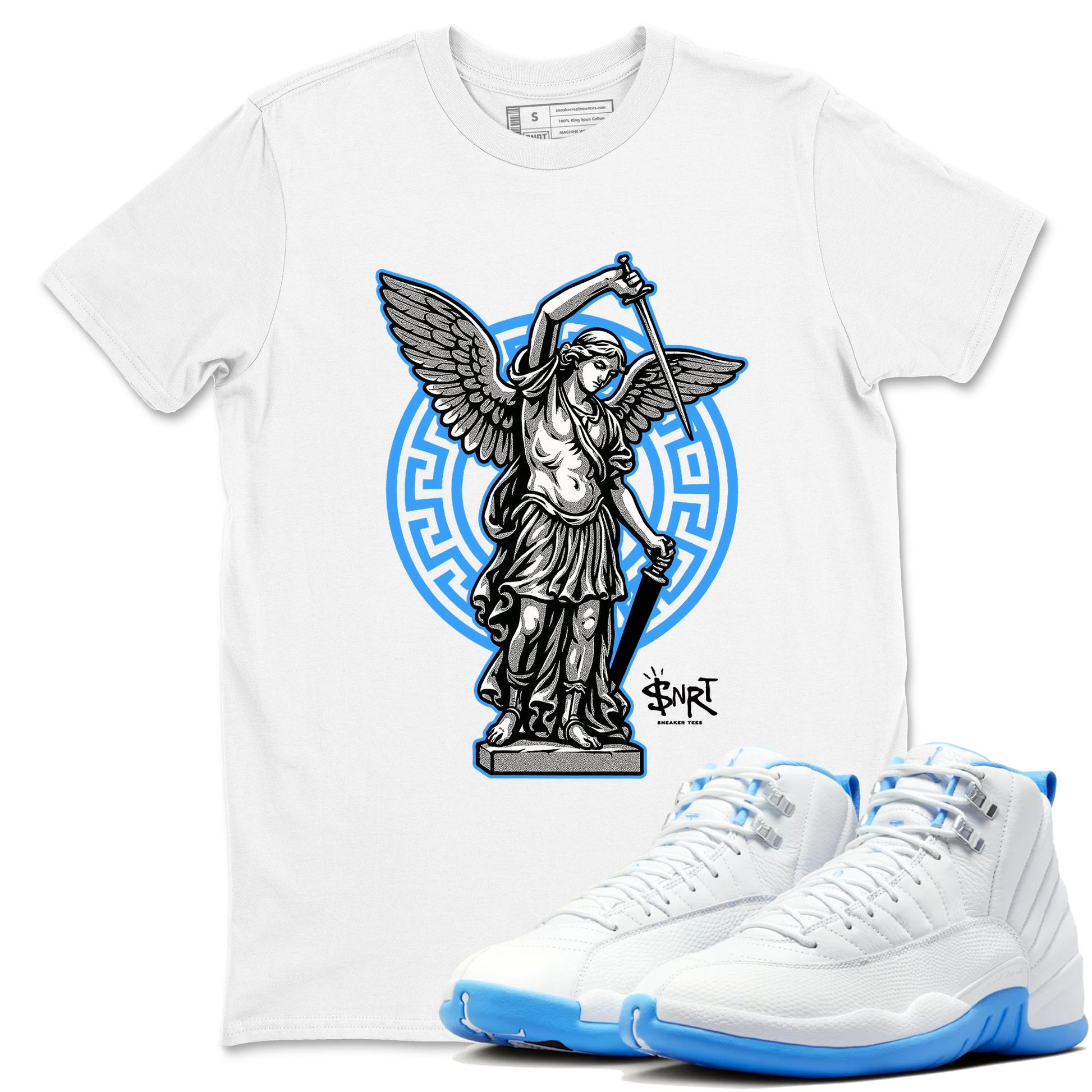 Street Saint sneaker match t-shirt styled to complete your fit with the Air Jordan 12 White and University Blue sneakers, shown in White 1.
