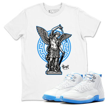 Street Saint sneaker match t-shirt styled to complete your fit with the Air Jordan 12 White and University Blue sneakers, shown in White 1.