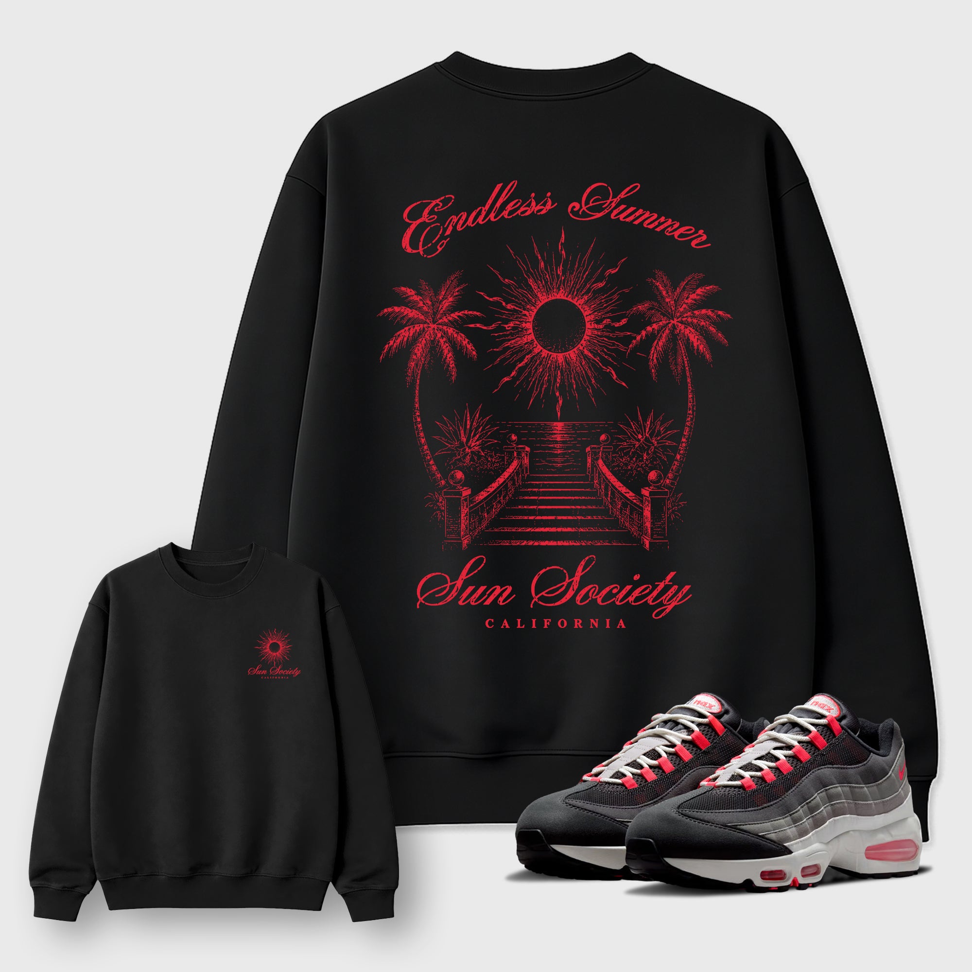 Sun Society Graphic T-Shirt featuring original streetwear artwork designed to match the Air Max 95 Reverse Solar Red. Black Graphic Tee.