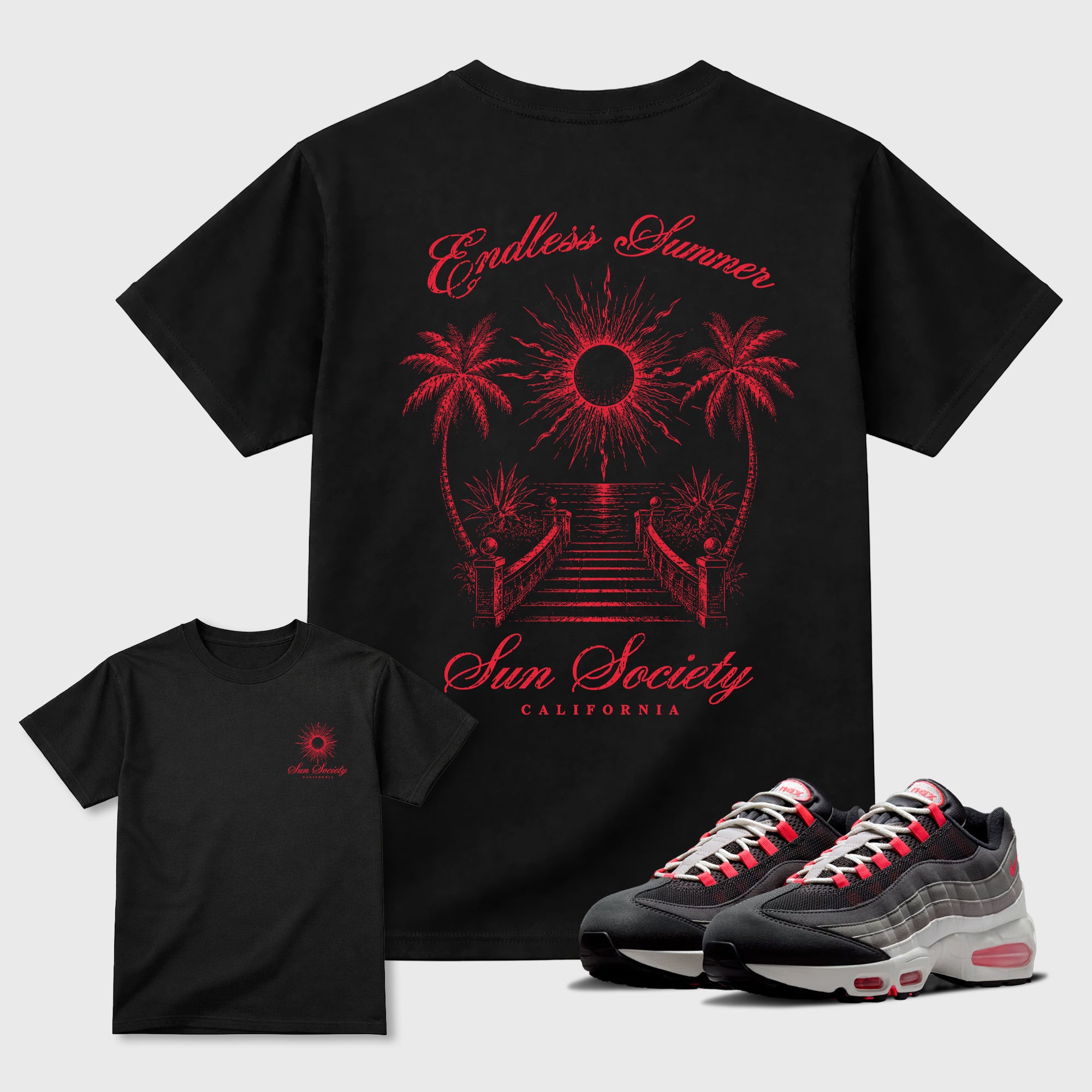 Sun Society Graphic T-Shirt featuring original streetwear artwork designed to match the Air Max 95 Reverse Solar Red. Black Graphic T-Shirt.