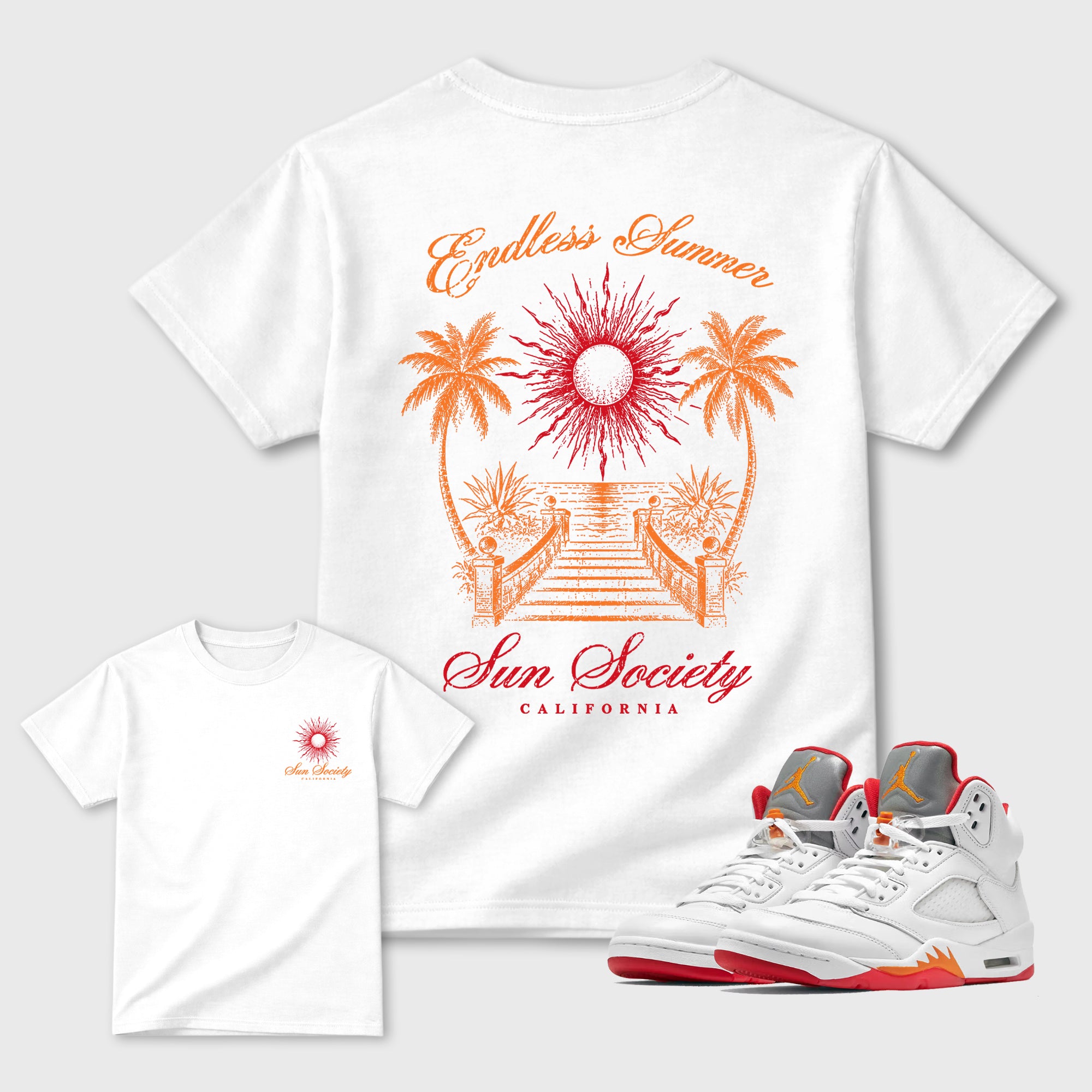 Sun Society Graphic T-Shirt featuring original streetwear artwork designed to match the Air Jordan 5 Sunset. White Graphic T-Shirt.