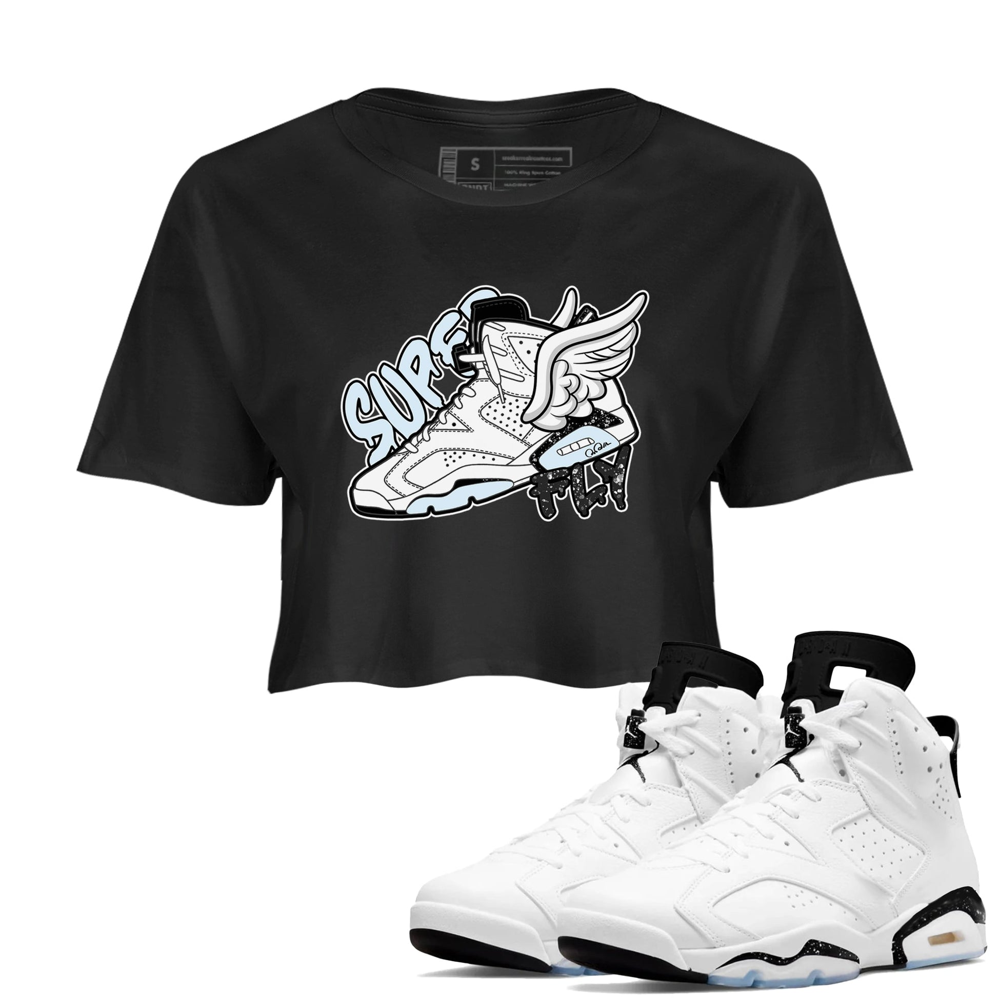 AJ6 White Black shirts to match jordans Super Fly sneaker match tees Air Jordan 6 White Black SNRT Sneaker Tees streetwear brand Black 1 crop tee