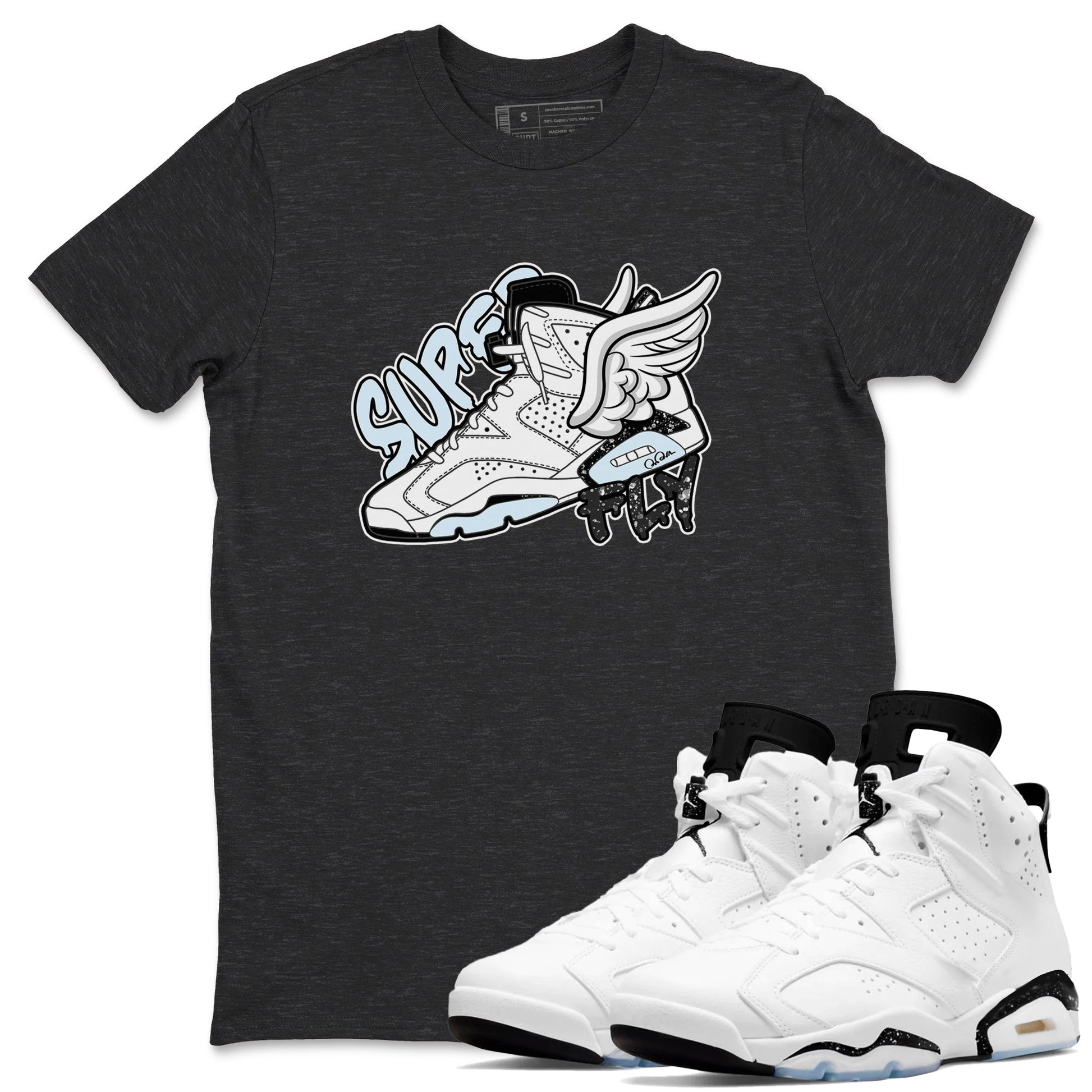 AJ6 White Black shirts to match jordans Super Fly sneaker match tees Air Jordan 6 White Black SNRT Sneaker Tees streetwear brand Charcoal Heather 1 unisex cotton tee