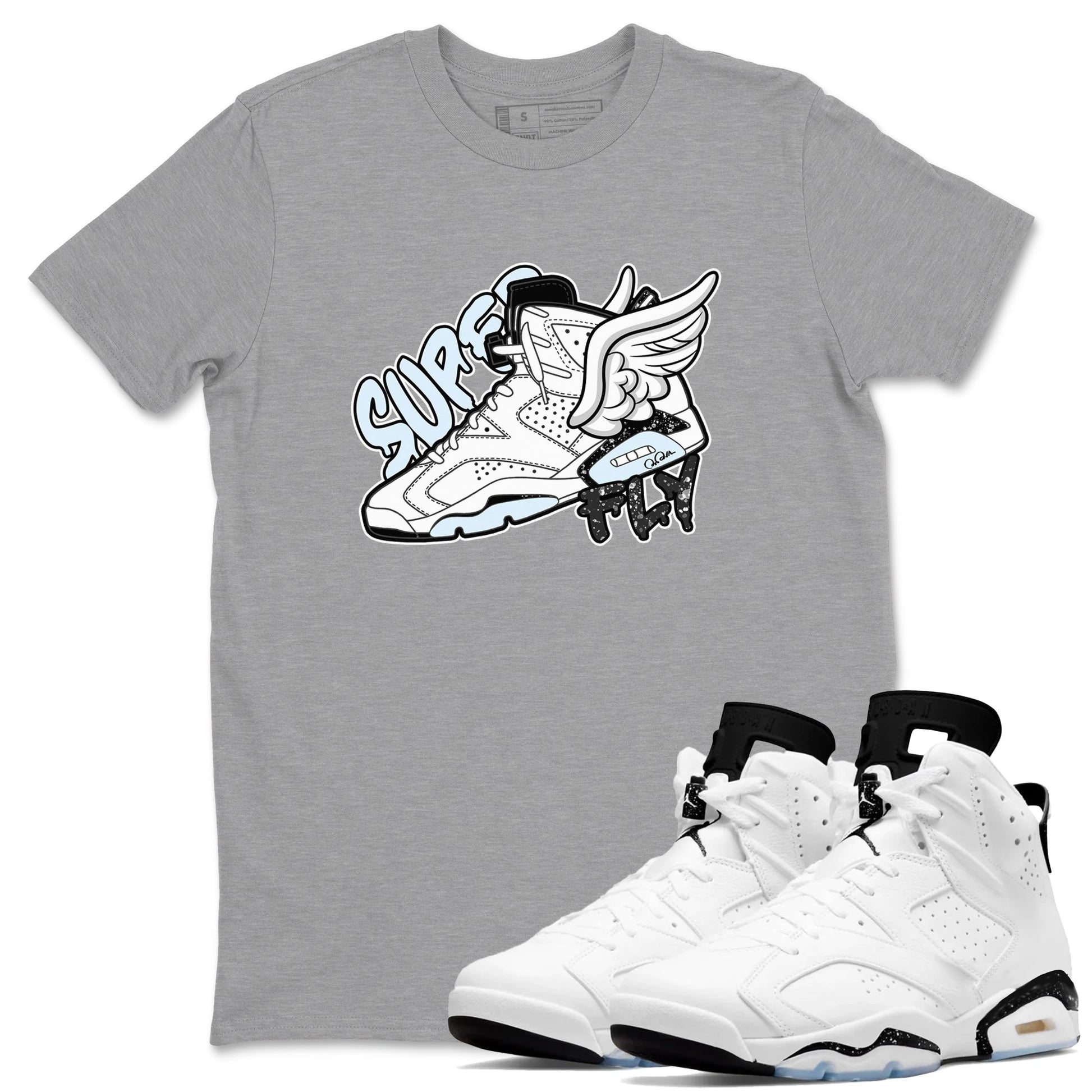 AJ6 White Black shirts to match jordans Super Fly sneaker match tees Air Jordan 6 White Black SNRT Sneaker Tees streetwear brand Heather Grey 1 unisex cotton tee