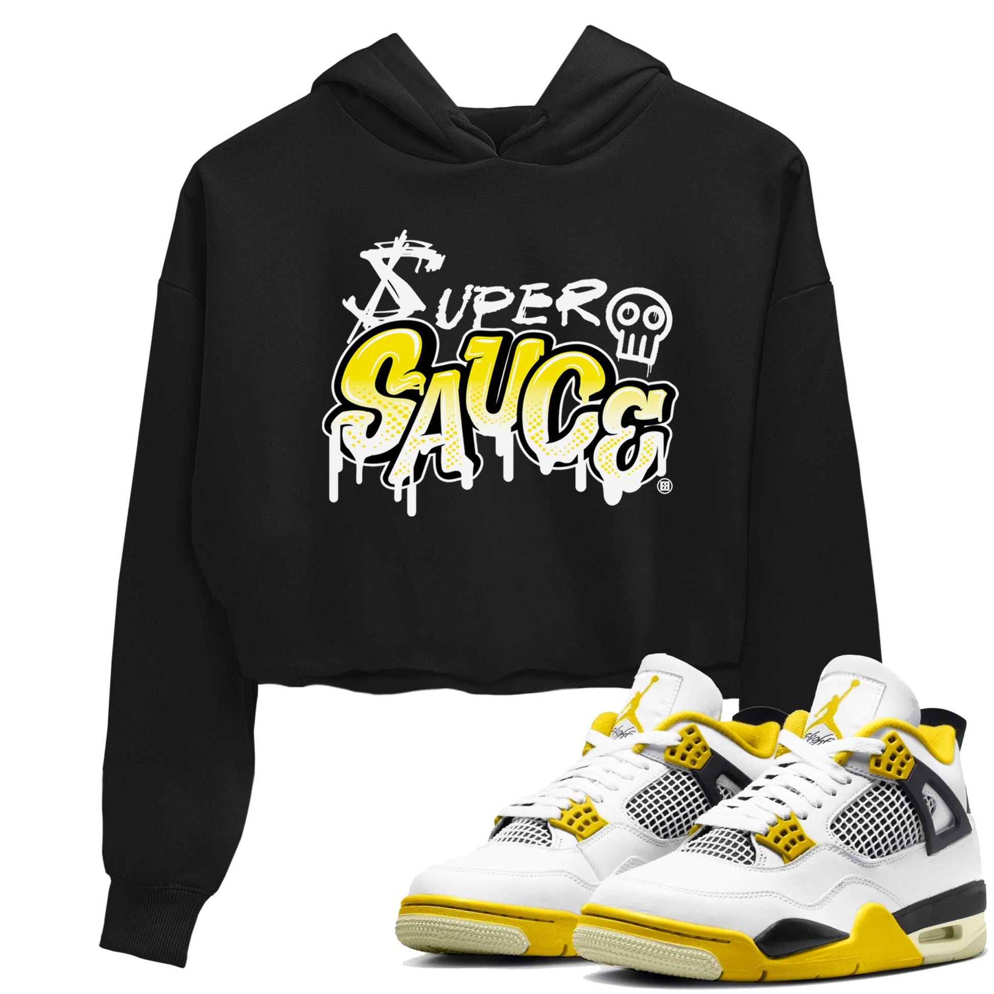 4s Vivid Sulfur shirt to match jordans Super Sauce sneaker tees Air Jordan 4 Vivid Sulfur SNRT Sneaker Release Tees Black 1 crop length shirt