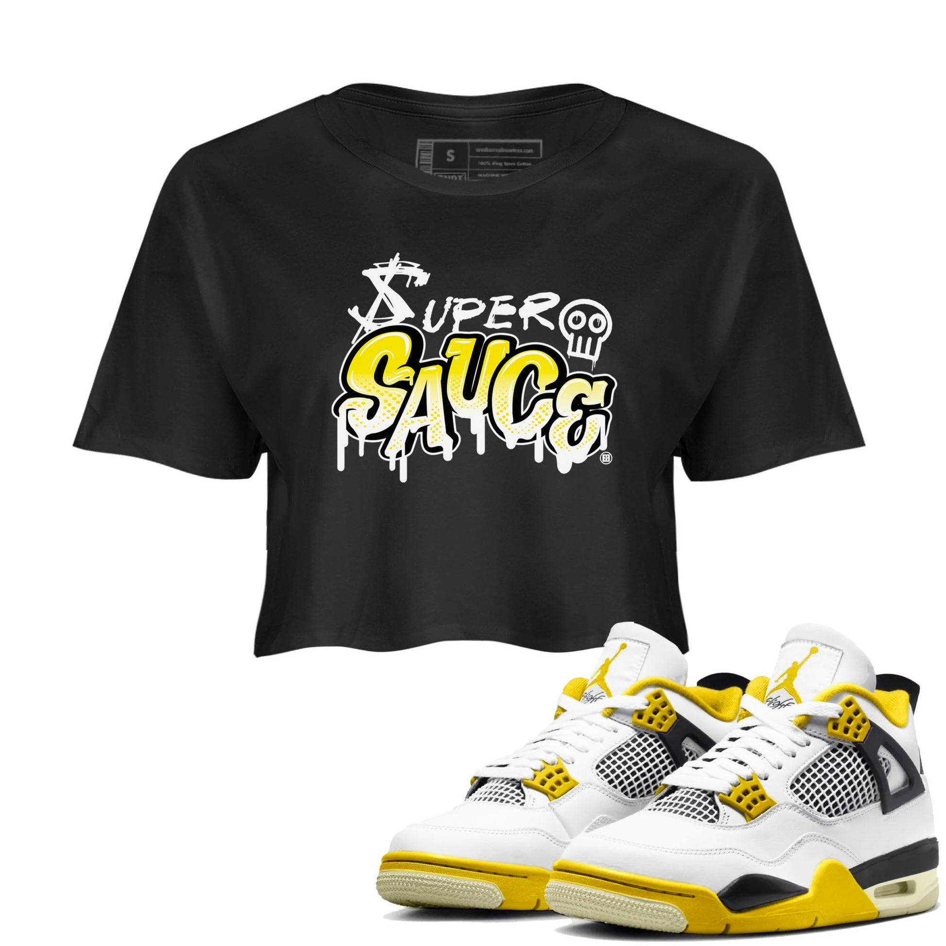 4s Vivid Sulfur shirt to match jordans Super Sauce sneaker tees Air Jordan 4 Vivid Sulfur SNRT Sneaker Release Tees Black 1 crop length shirt