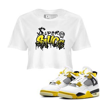 4s Vivid Sulfur shirt to match jordans Super Sauce sneaker tees Air Jordan 4 Vivid Sulfur SNRT Sneaker Release Tees White 1 crop length shirt