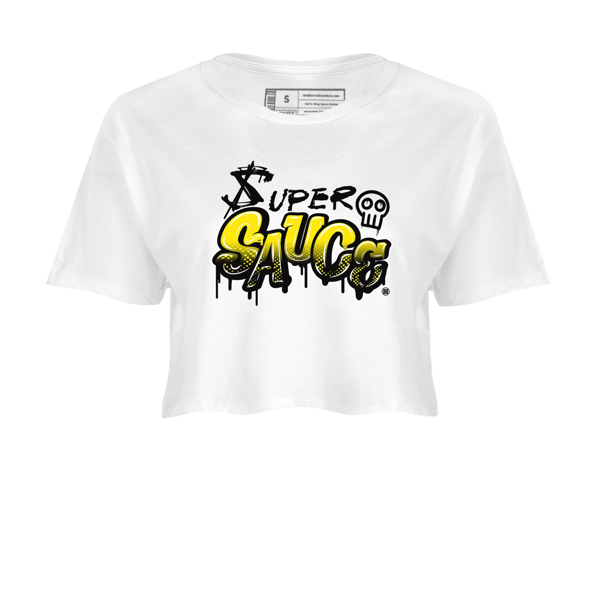 4s Vivid Sulfur shirt to match jordans Super Sauce sneaker tees Air Jordan 4 Vivid Sulfur SNRT Sneaker Release Tees White 2 crop length shirt