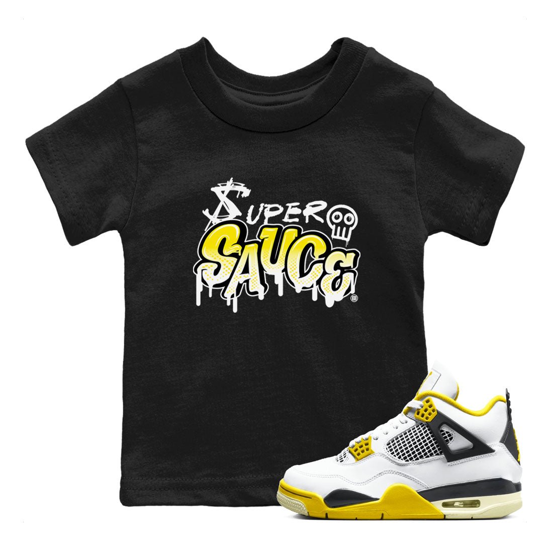 4s Vivid Sulfur shirt to match jordans Super Sauce sneaker tees Air Jordan 4 Vivid Sulfur SNRT sneaker release tees baby toddler Black 1 cotton Shirt
