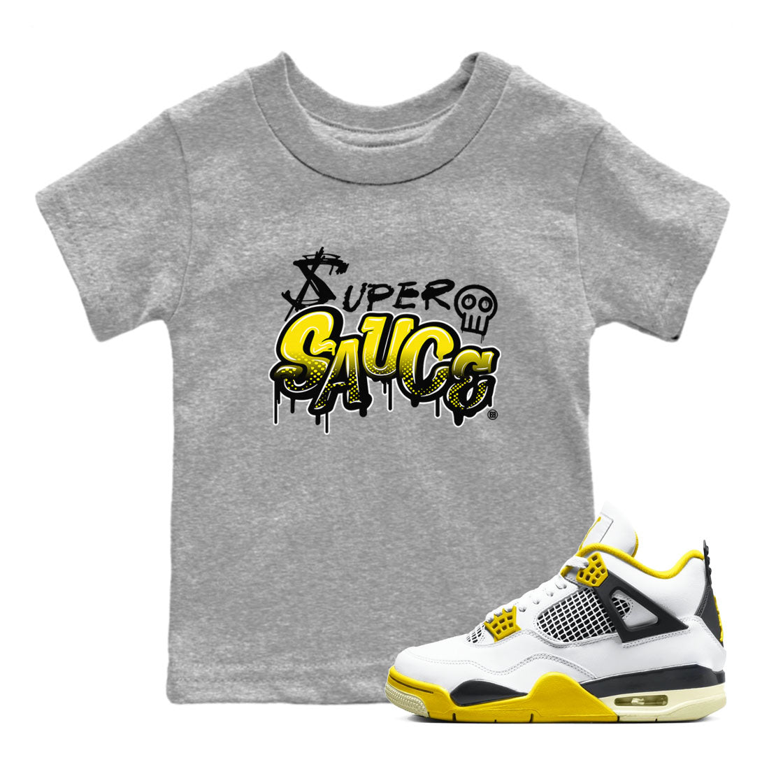 4s Vivid Sulfur shirt to match jordans Super Sauce sneaker tees Air Jordan 4 Vivid Sulfur SNRT sneaker release tees baby toddler Heather Grey 1 cotton Shirt