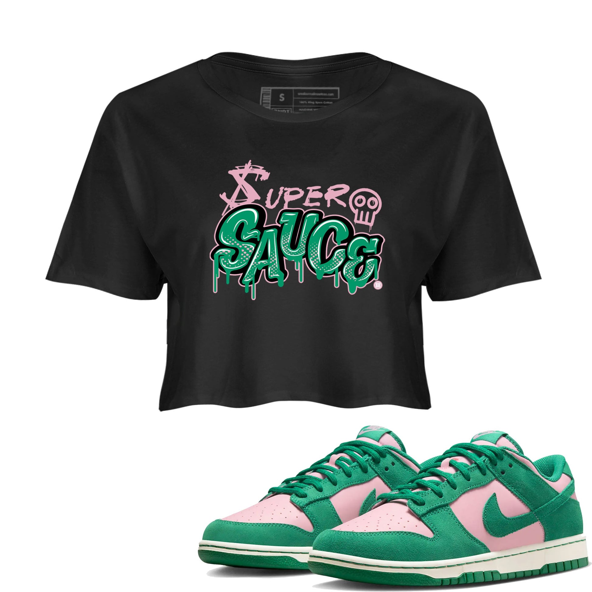 Dunk Low Medium Soft Pink Malachite shirt to match jordans Super Sauce sneaker tees Dunks Medium Soft Pink Malachite Streetwear Brand Streetwear Brand SNRT Sneaker Release Tees Black 1 crop length shirt
