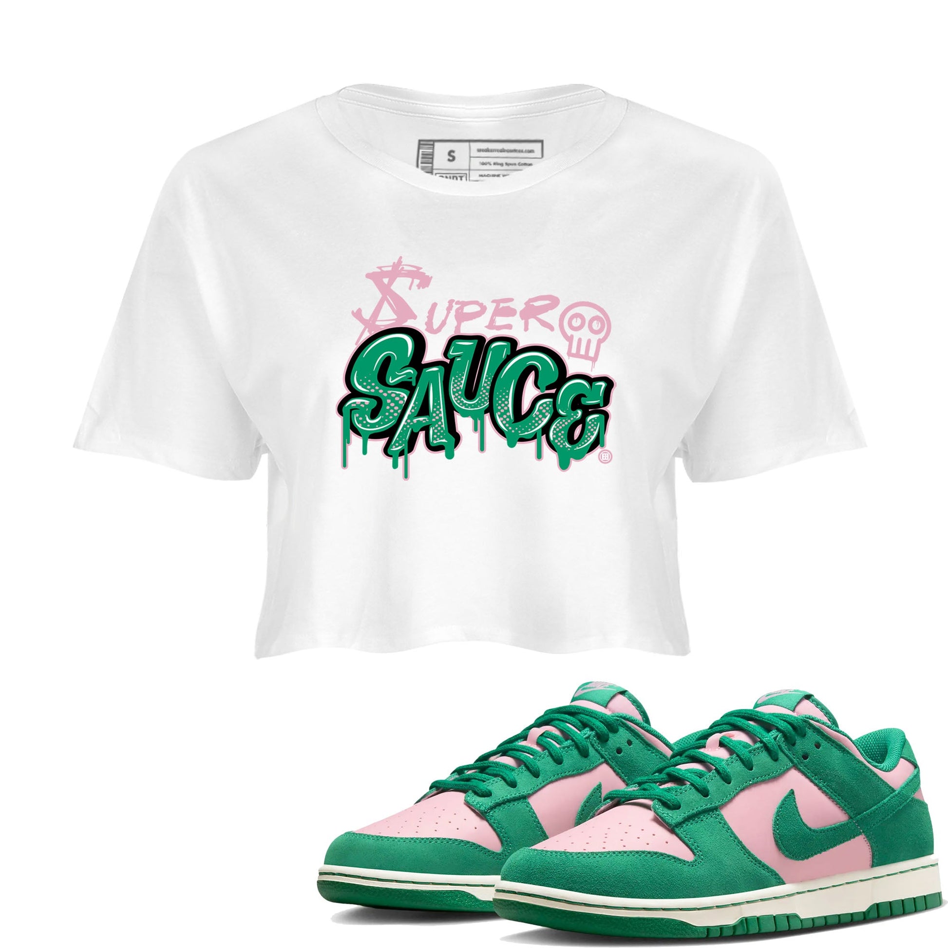 Dunk Low Medium Soft Pink Malachite shirt to match jordans Super Sauce sneaker tees Dunks Medium Soft Pink Malachite Streetwear Brand SNRT Sneaker Release Tees White 1 crop length shirt
