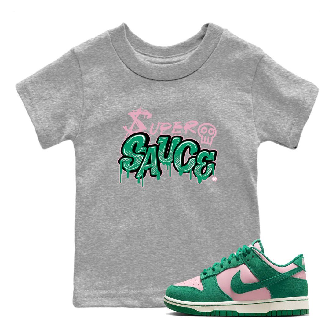 Dunk Low Medium Soft Pink Malachite shirt to match jordans Super Sauce sneaker tees Dunks Medium Soft Pink Malachite Streetwear Brand SNRT Sneaker Release Tees baby toddler Heather Grey 1 cotton Shirt