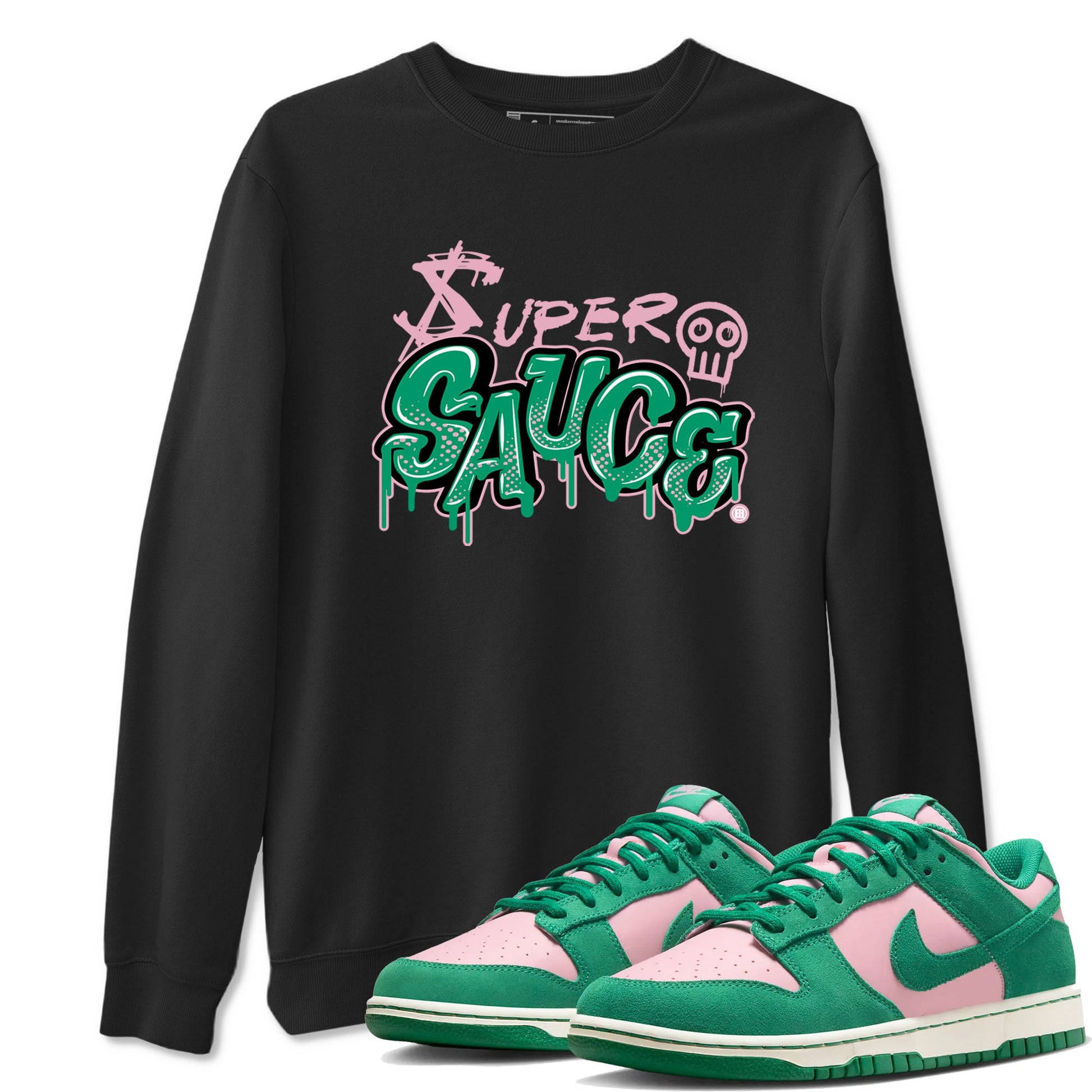 Dunk Low Medium Soft Pink Malachite shirt to match jordans Super Sauce sneaker tees Dunks Medium Soft Pink Malachite Streetwear Brand SNRT Sneaker Release Tees unisex cotton Black 1 crew neck shirt