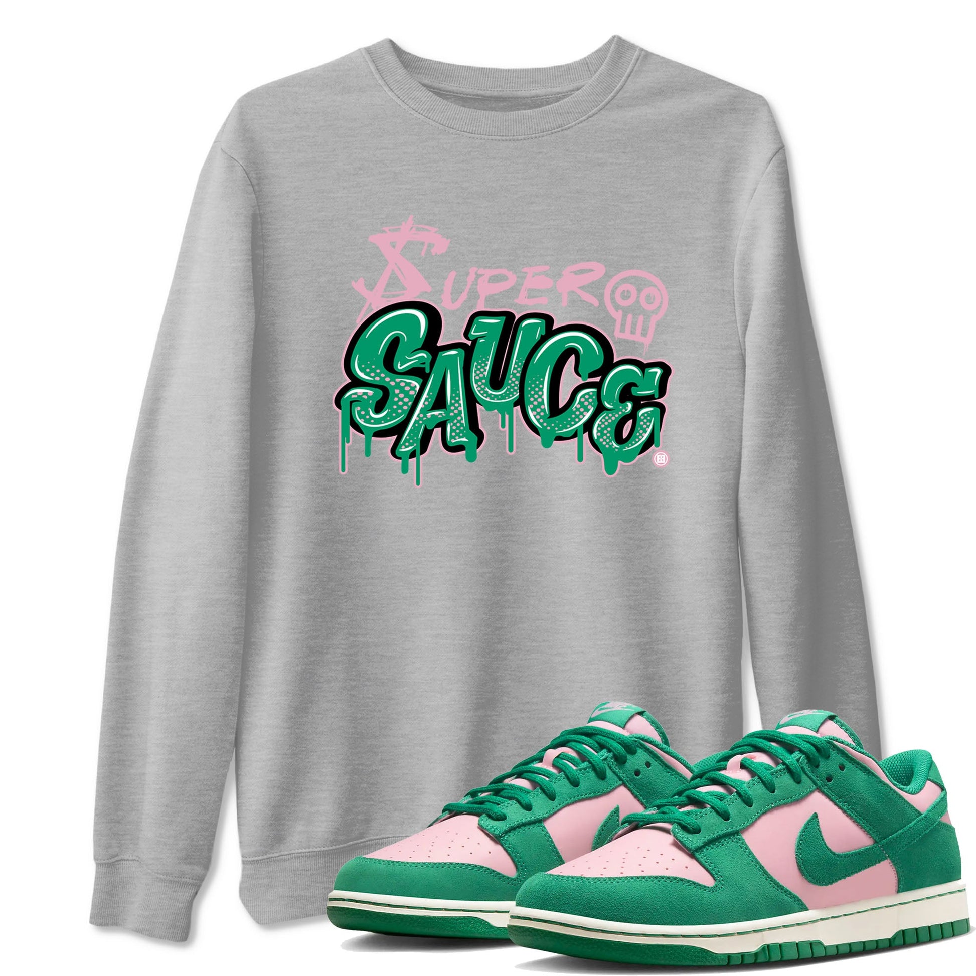 Dunk Low Medium Soft Pink Malachite shirt to match jordans Super Sauce sneaker tees Dunks Medium Soft Pink Malachite Streetwear Brand SNRT Sneaker Release Tees unisex cotton Heather Grey 1 crew neck shirt