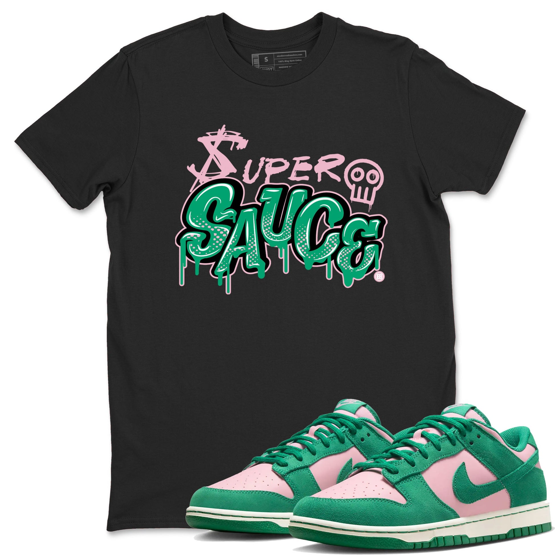 Dunk Low Medium Soft Pink Malachite shirt to match jordans Super Sauce sneaker tees Dunks Medium Soft Pink Malachite Streetwear Brand SNRT Sneaker Release Tees unisex cotton Black 1 crew neck shirt