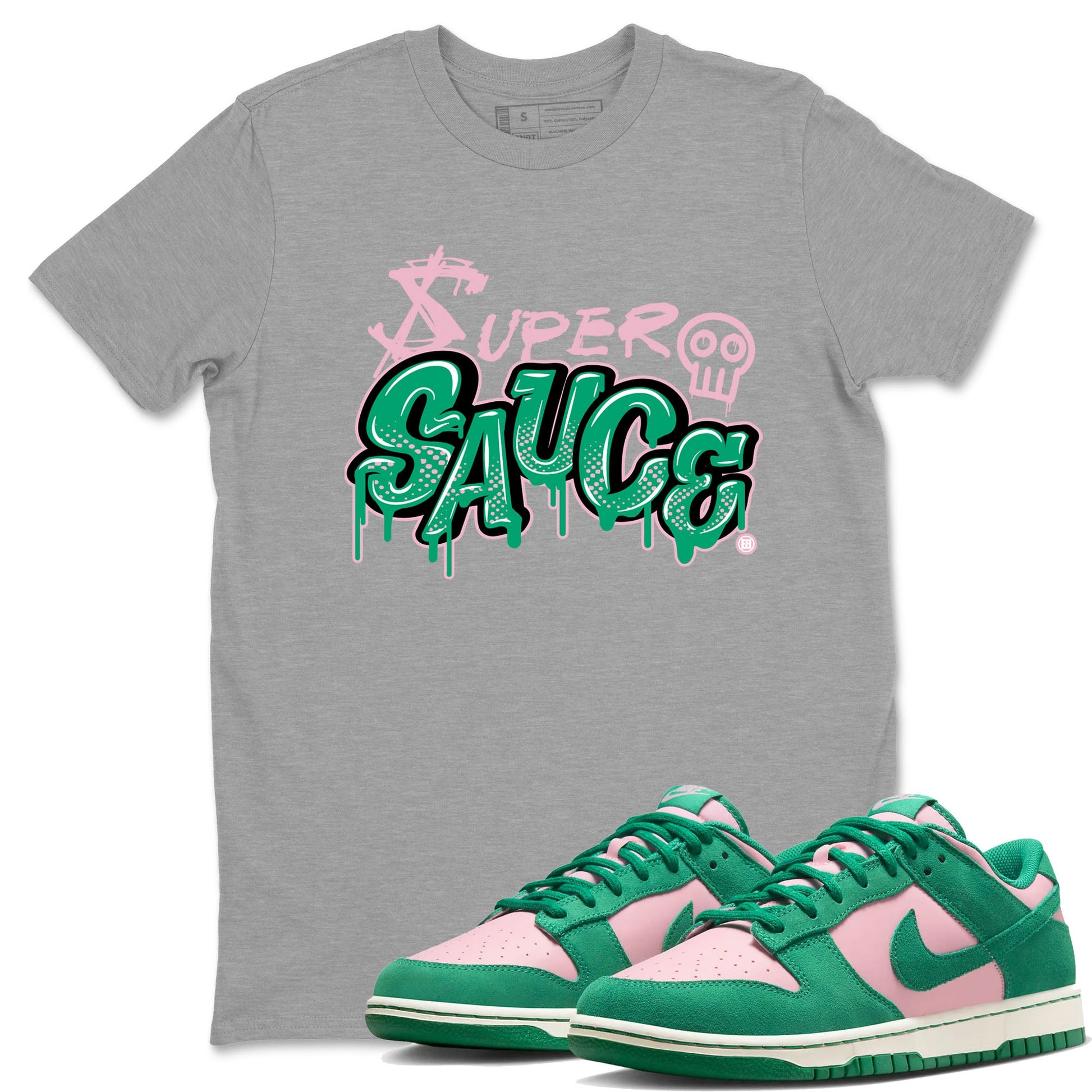 Dunk Low Medium Soft Pink Malachite shirt to match jordans Super Sauce sneaker tees Dunks Medium Soft Pink Malachite Streetwear Brand SNRT Sneaker Release Tees unisex cotton Heather Grey 1 crew neck shirt
