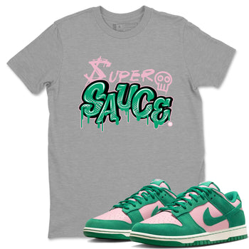 Dunk Low Medium Soft Pink Malachite shirt to match jordans Super Sauce sneaker tees Dunks Medium Soft Pink Malachite Streetwear Brand SNRT Sneaker Release Tees unisex cotton Heather Grey 1 crew neck shirt