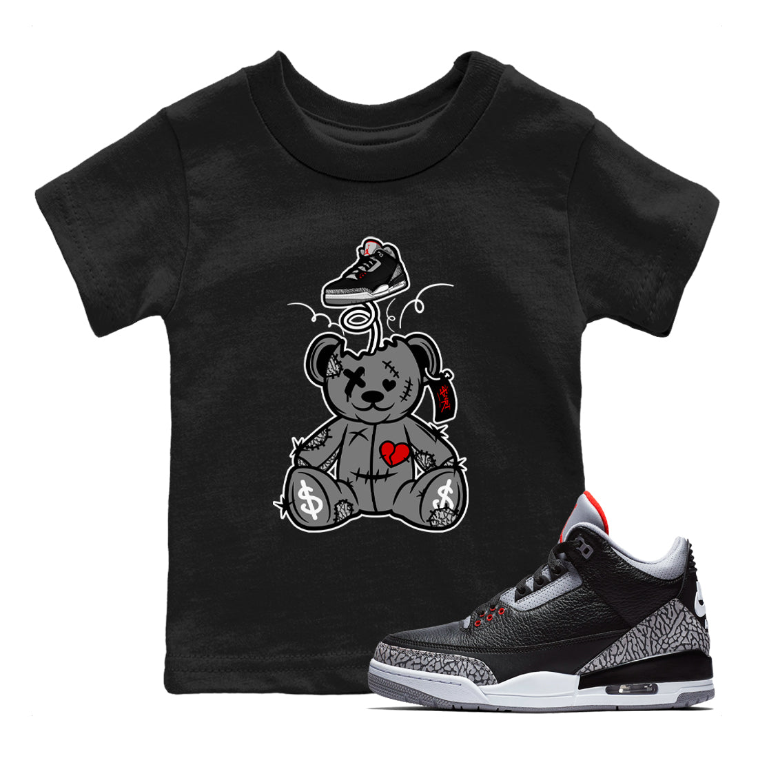3s Black Cement shirts to match jordans Surprise Teddy Bear sneaker match tees Air Jordan 3 Retro OG Black Cement match shoes to clothes SNRT Sneaker Tees Youth Baby Black 1 tee