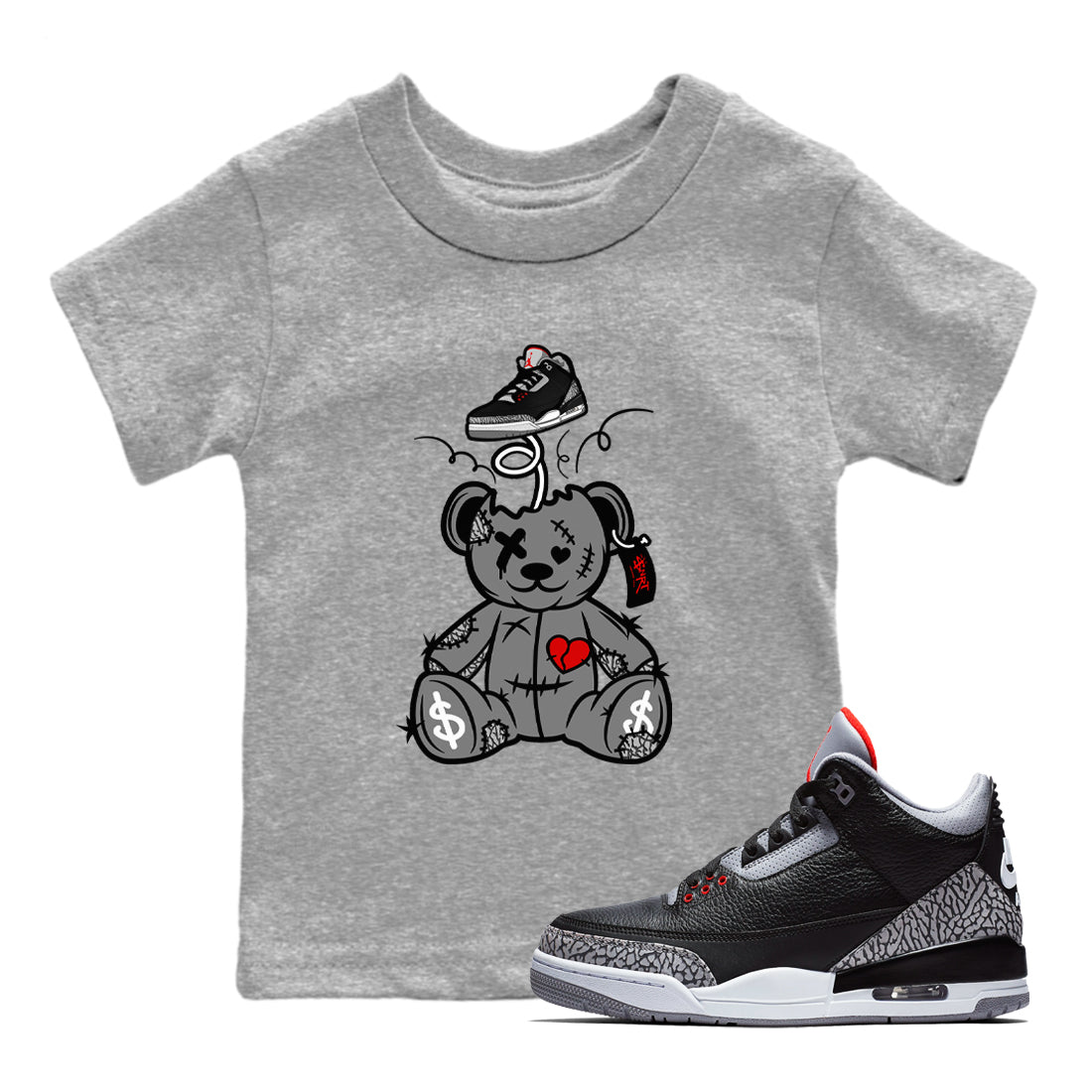 3s Black Cement shirts to match jordans Surprise Teddy Bear sneaker match tees Air Jordan 3 Retro OG Black Cement match shoes to clothes SNRT Sneaker Tees Youth Baby Heather Grey 1 tee