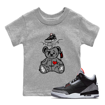 3s Black Cement shirts to match jordans Surprise Teddy Bear sneaker match tees Air Jordan 3 Retro OG Black Cement match shoes to clothes SNRT Sneaker Tees Youth Baby Heather Grey 1 tee
