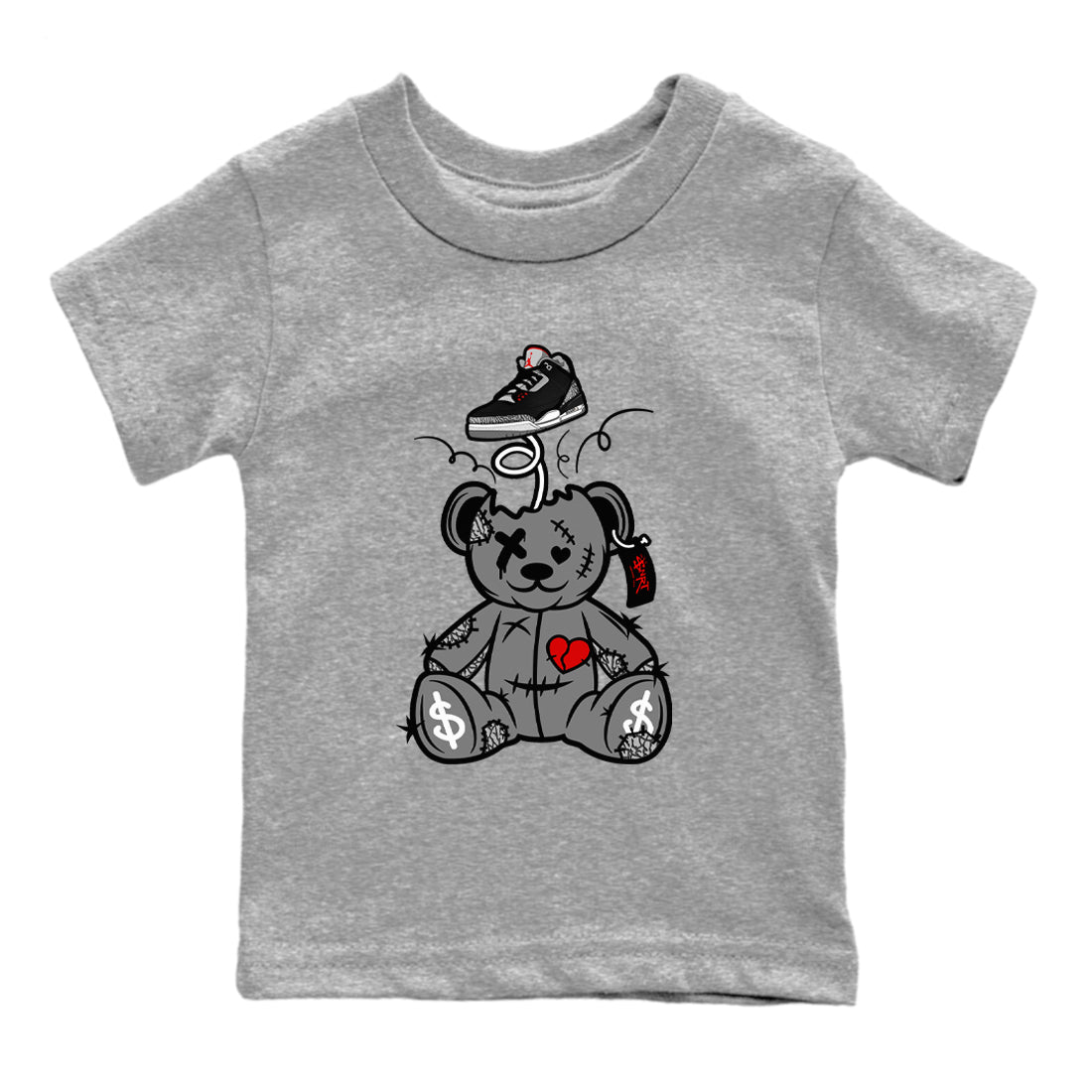 3s Black Cement shirts to match jordans Surprise Teddy Bear sneaker match tees Air Jordan 3 Retro OG Black Cement match shoes to clothes SNRT Sneaker Tees Youth Baby Heather Grey 2 tee