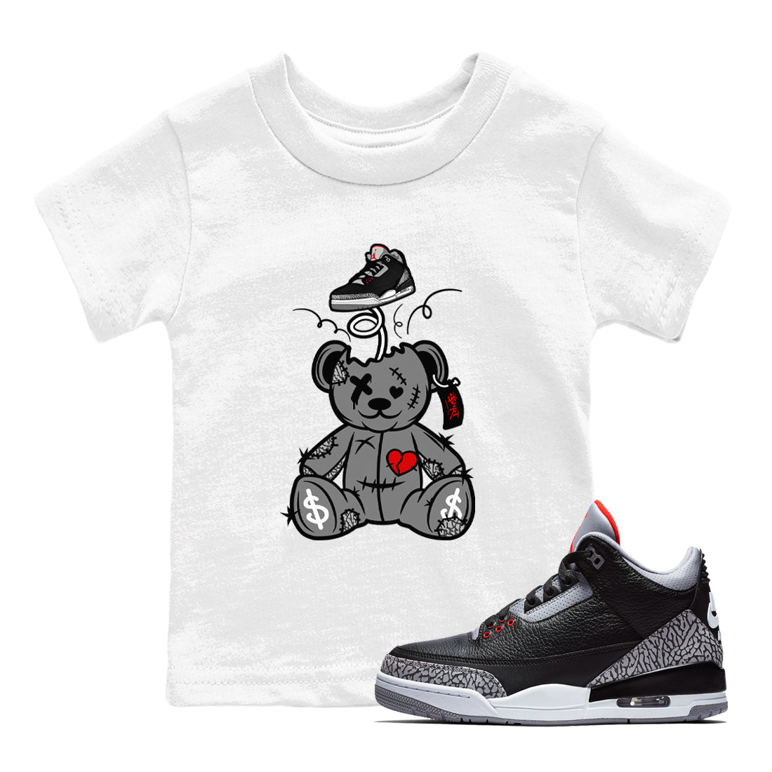 3s Black Cement shirts to match jordans Surprise Teddy Bear sneaker match tees Air Jordan 3 Retro OG Black Cement match shoes to clothes SNRT Sneaker Tees Youth Baby White 1 tee