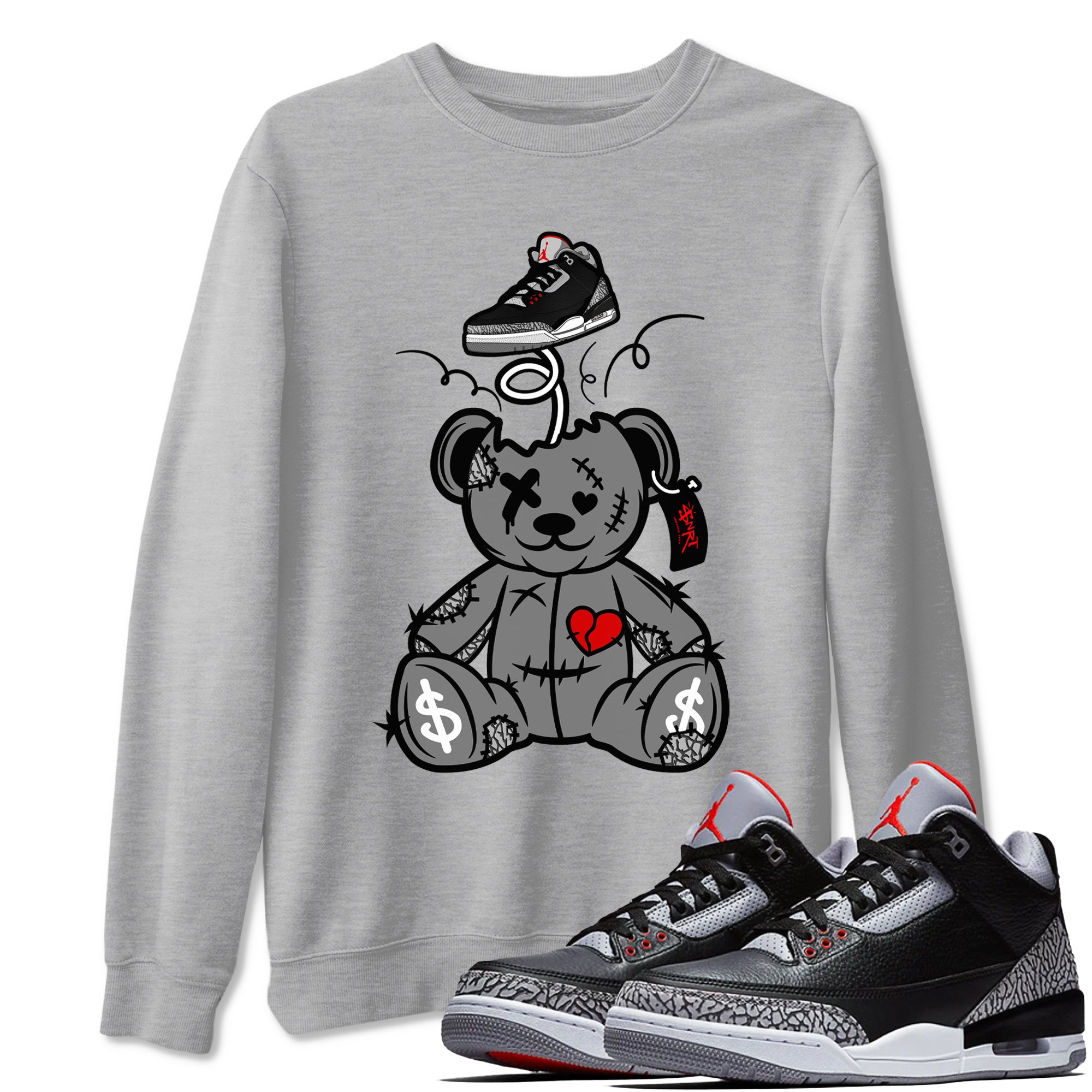 3s Black Cement shirts to match jordans Surprise Teddy Bear sneaker match tees Air Jordan 3 Retro OG Black Cement match shoes to clothes SNRT Sneaker Tees unisex cotton Heather Grey 1 shirts