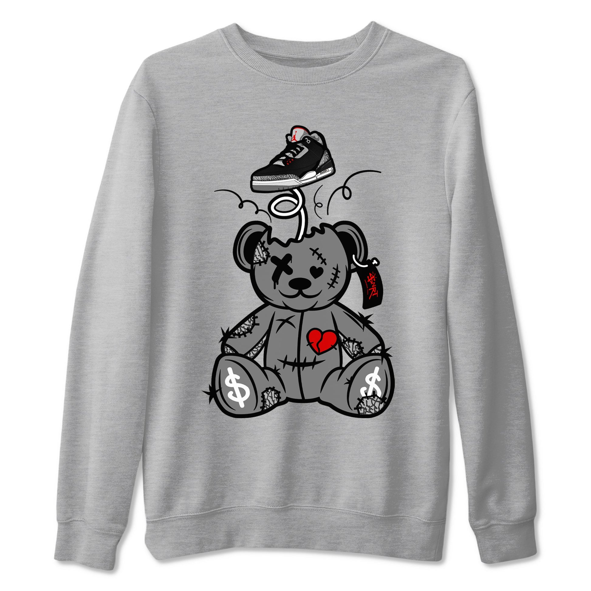 3s Black Cement shirts to match jordans Surprise Teddy Bear sneaker match tees Air Jordan 3 Retro OG Black Cement match shoes to clothes SNRT Sneaker Tees unisex cotton Heather Grey 2 shirts