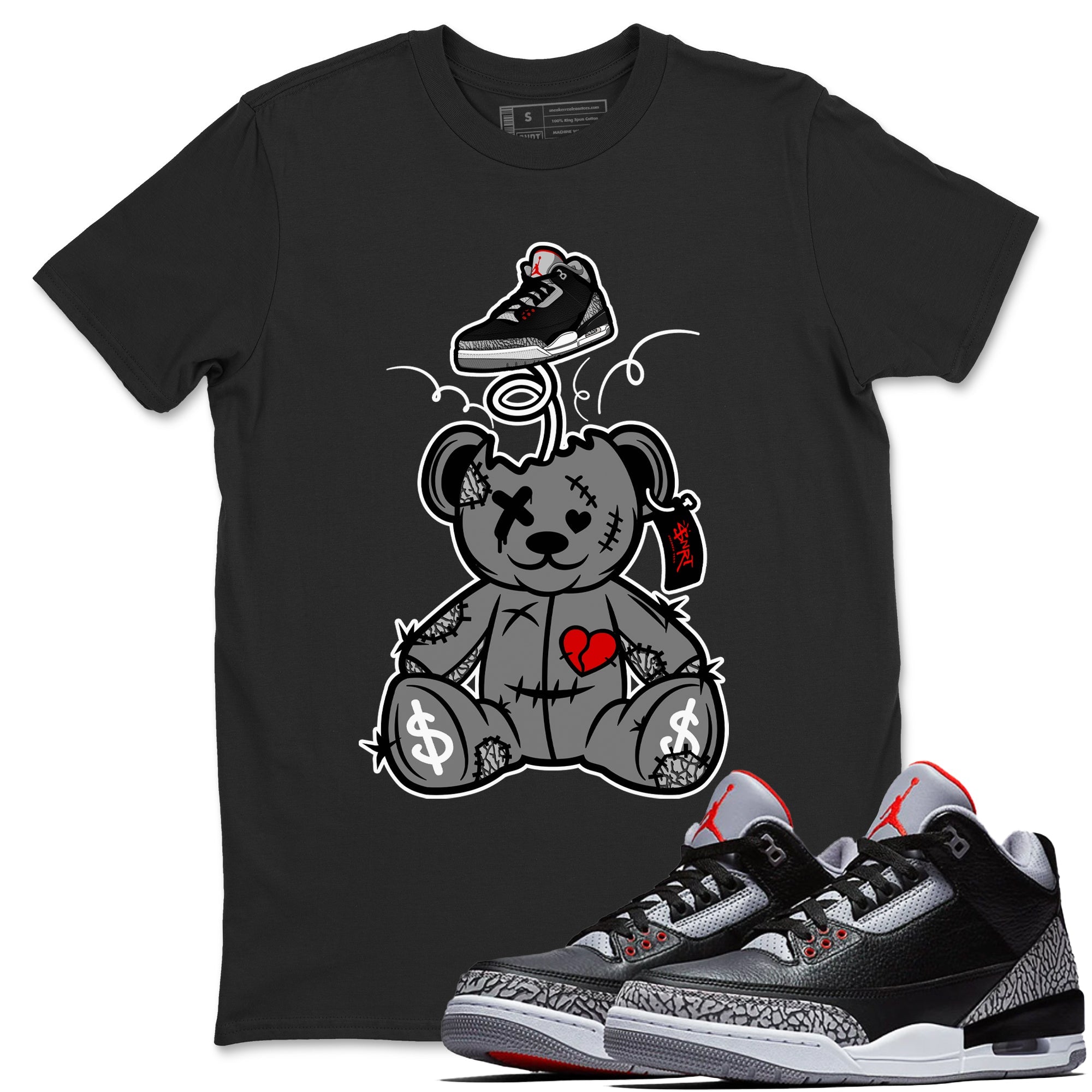 3s Black Cement shirts to match jordans Surprise Teddy Bear sneaker match tees Air Jordan 3 Retro OG Black Cement match shoes to clothes SNRT Sneaker Tees unisex cotton Black 1 shirts