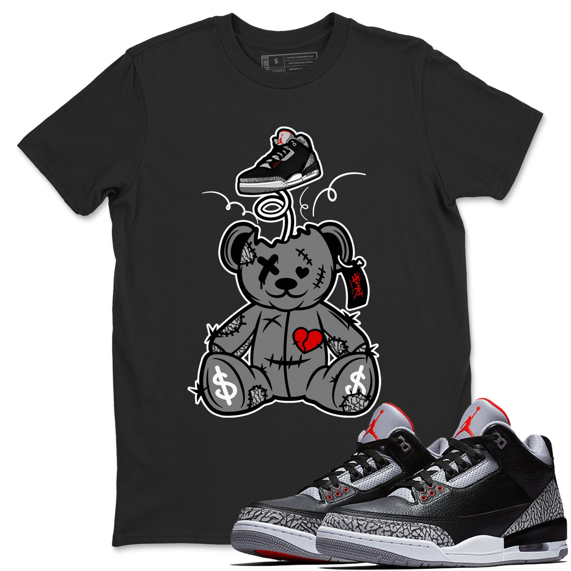 3s Black Cement shirts to match jordans Surprise Teddy Bear sneaker match tees Air Jordan 3 Retro OG Black Cement match shoes to clothes SNRT Sneaker Tees unisex cotton Black 1 shirts