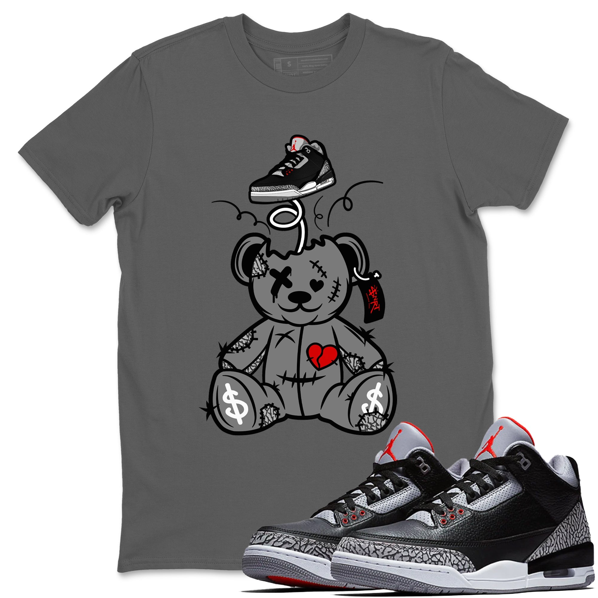 3s Black Cement shirts to match jordans Surprise Teddy Bear sneaker match tees Air Jordan 3 Retro OG Black Cement match shoes to clothes SNRT Sneaker Tees unisex cotton Cool Grey 1 shirts