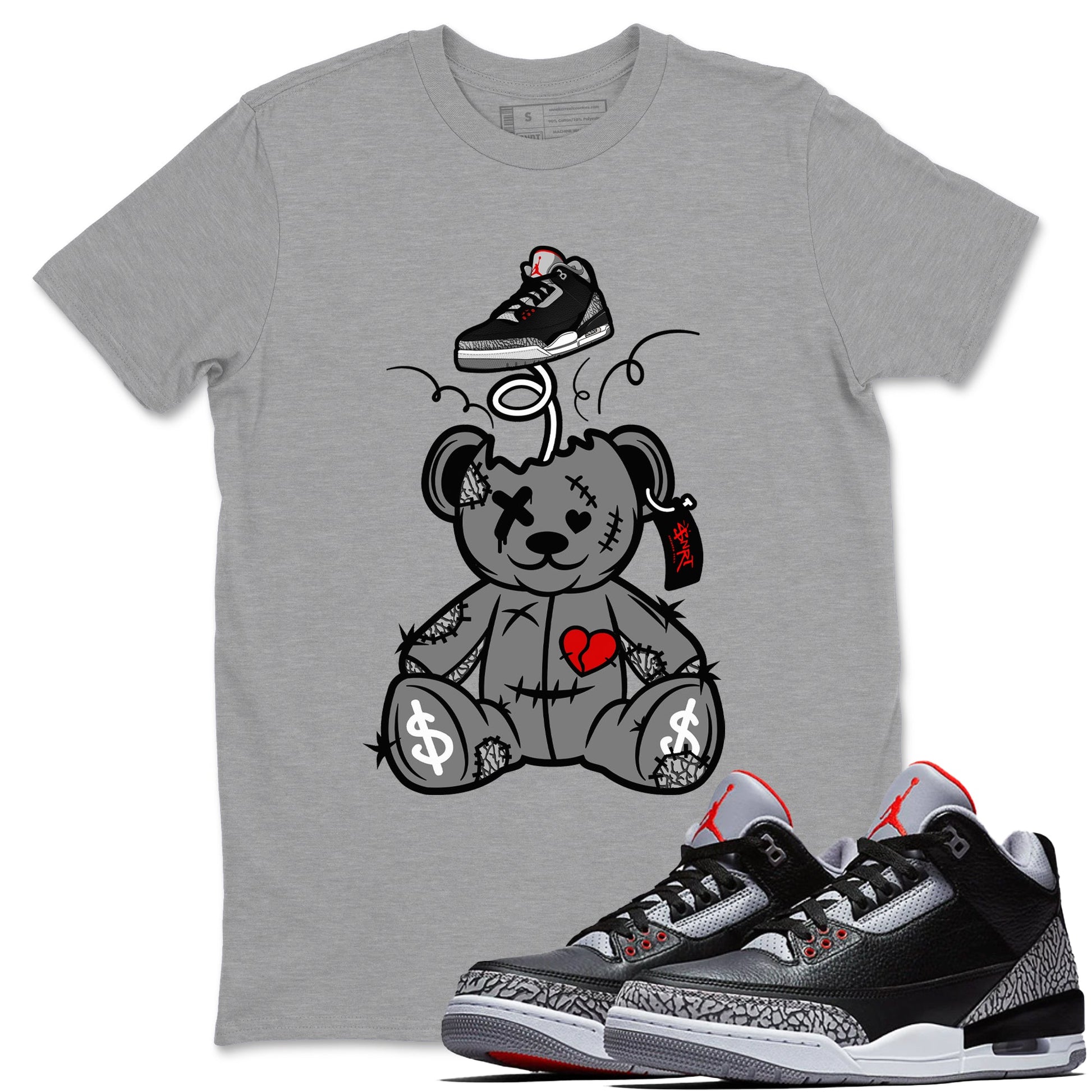 3s Black Cement shirts to match jordans Surprise Teddy Bear sneaker match tees Air Jordan 3 Retro OG Black Cement match shoes to clothes SNRT Sneaker Tees unisex cotton Heather Grey 1 shirts