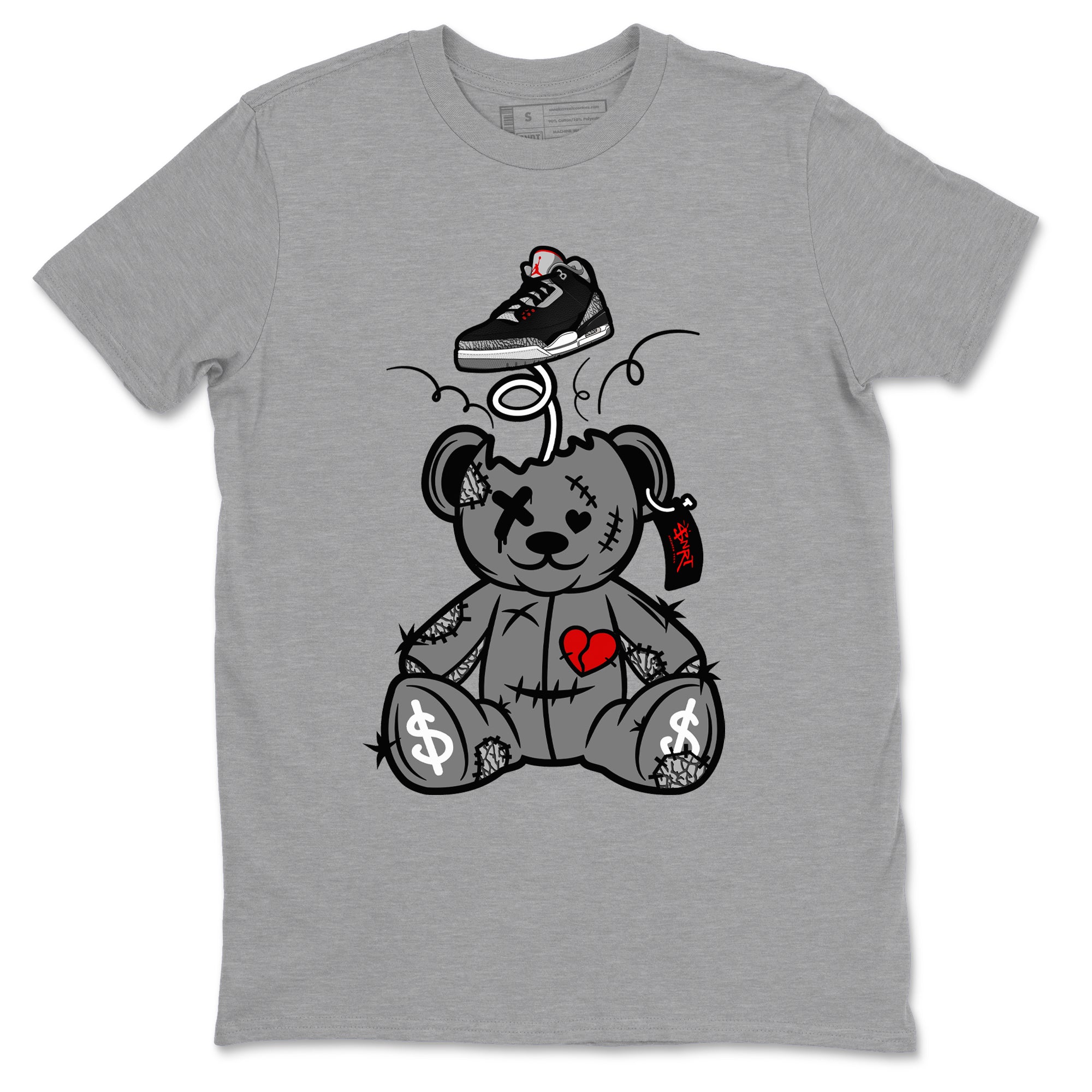 3s Black Cement shirts to match jordans Surprise Teddy Bear sneaker match tees Air Jordan 3 Retro OG Black Cement match shoes to clothes SNRT Sneaker Tees unisex cotton Heather Grey 2 shirts