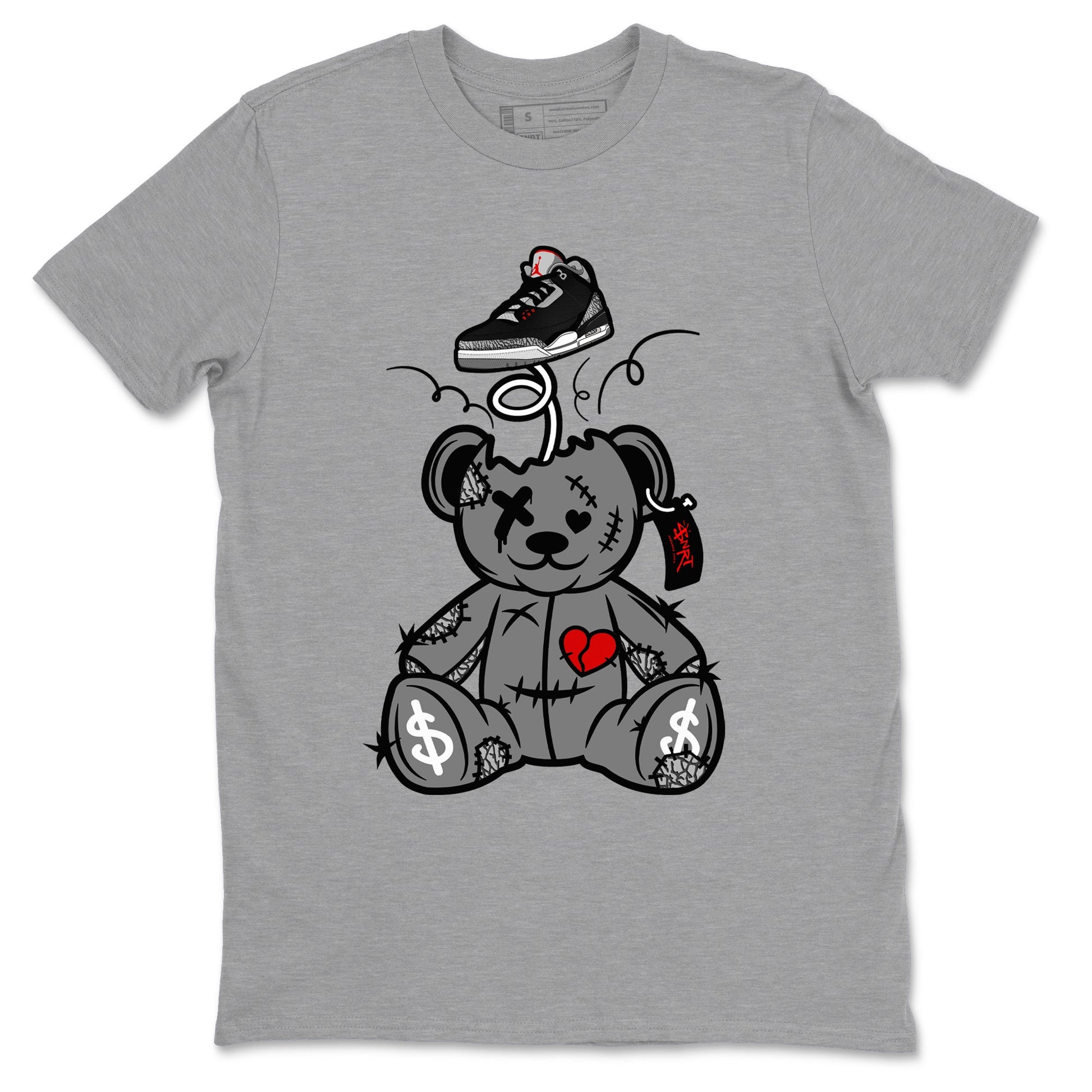 3s Black Cement shirts to match jordans Surprise Teddy Bear sneaker match tees Air Jordan 3 Retro OG Black Cement match shoes to clothes SNRT Sneaker Tees unisex cotton Heather Grey 2 shirts