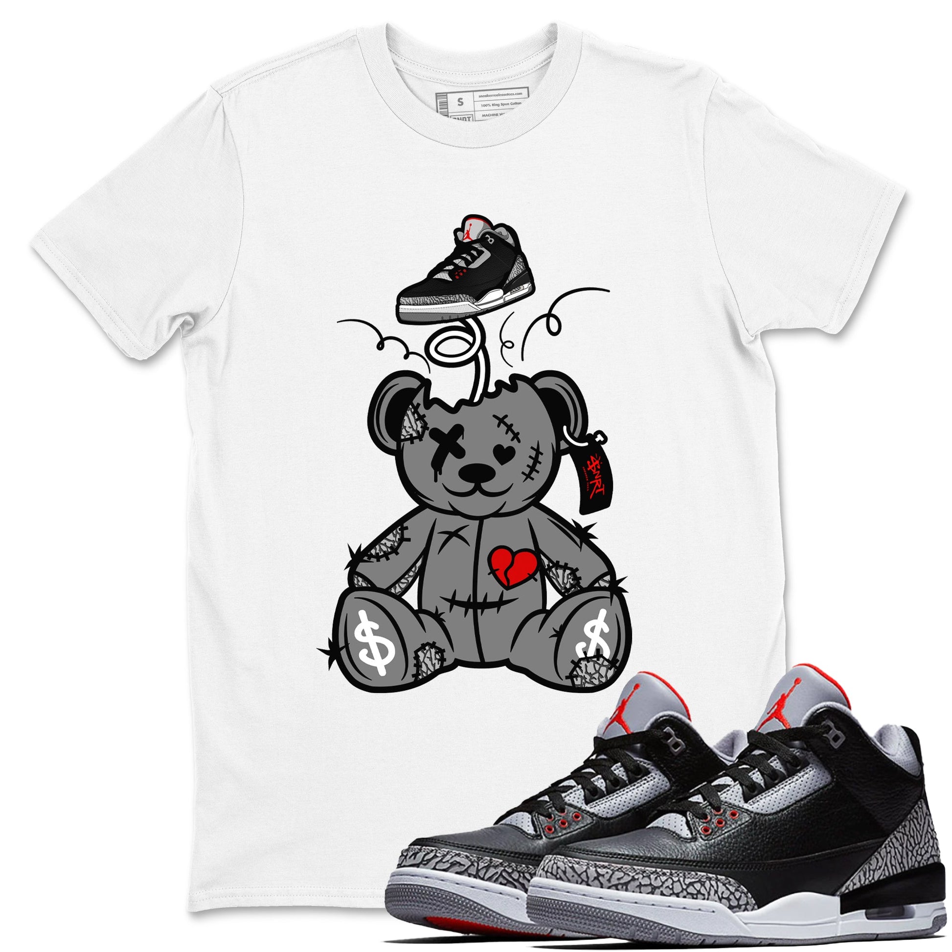 3s Black Cement shirts to match jordans Surprise Teddy Bear sneaker match tees Air Jordan 3 Retro OG Black Cement match shoes to clothes SNRT Sneaker Tees unisex cotton White 1 shirts
