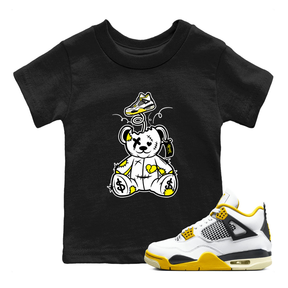 Air Jordan 4 Retro Vivid Sulfur shirt to match jordans Surprise Teddy Bear sneaker tees 4s Vivid Sulfur SNRT Sneaker release tees baby toddler Black 1 cotton Shirt