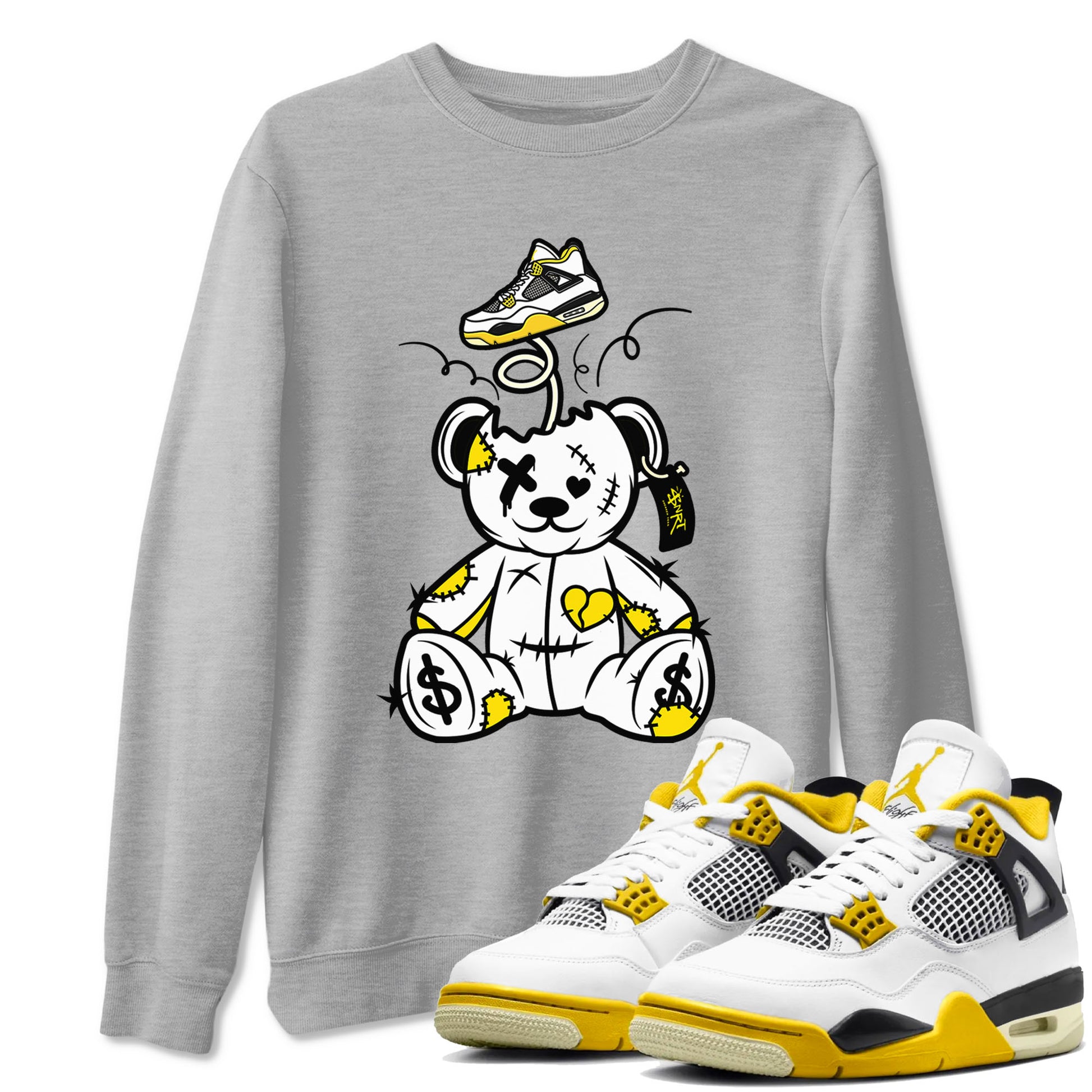 Air Jordan 4 Retro Vivid Sulfur shirt to match jordans Surprise Teddy Bear sneaker tees 4s Vivid Sulfur SNRT Sneaker Release Tees unisex cotton Heather Grey 1 crew neck shirt