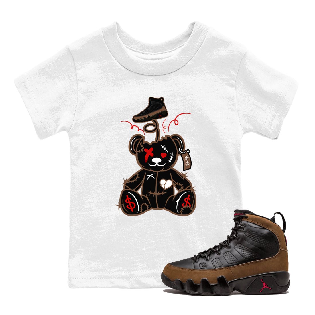 9s Olive shirts to match jordans Surprise Teddy Bear sneaker match tees Air Jordan 9 Olive match shoes to clothes SNRT Sneaker Tees Youth Baby White 1 tee